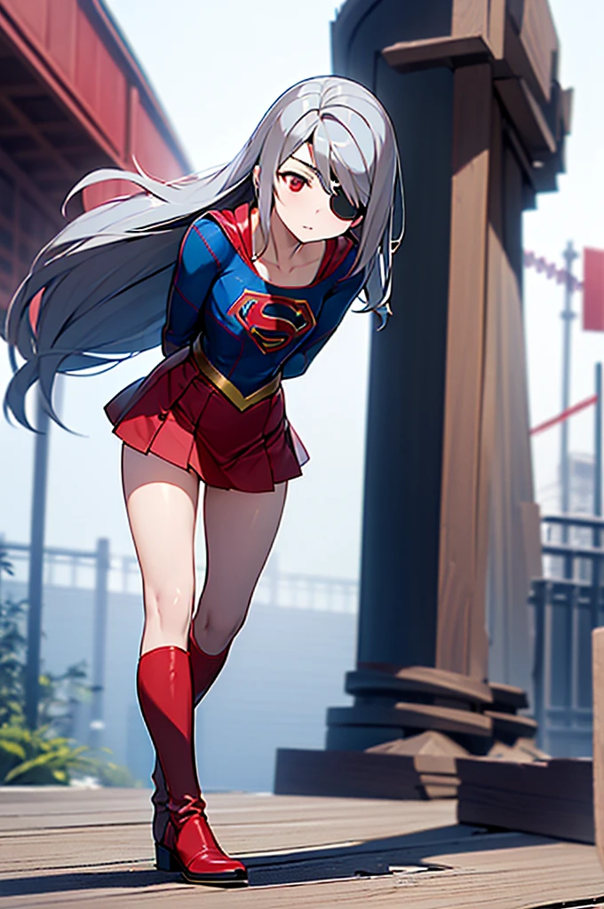 (full body), (masterpiece:1.2), (Highest_quality:1.2), (Ultra_detailed:1.3), 8k,Low - Angle，From below，(Squat，arms behind back)，Big Butt Girl, Medium chest, Bare legs，Long boots in red，3D Rendering,( Supergirl)，laura bodewig, long hair, (red eyes:1.3), grey hair, eyepatch,Red Skirt，the skirt is short,，A blue leotard is visible under the skirt.，The skirt is blown up by the wind，Red Cape，Gloves，Simple Background，White Background，(standing by wooden pole)