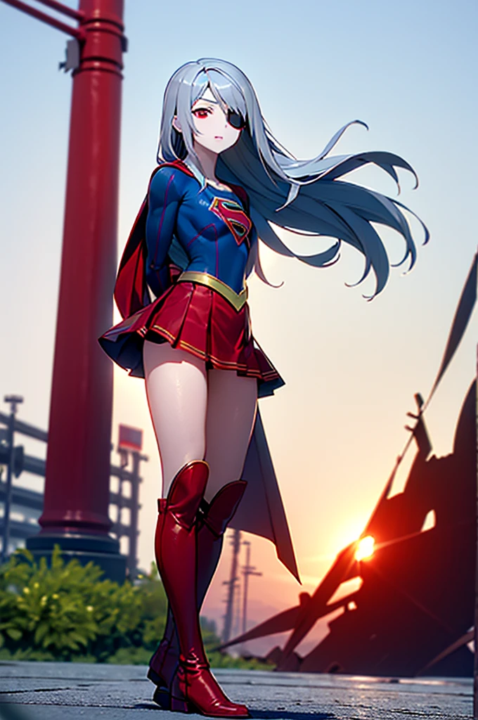 (full body), (masterpiece:1.2), (Highest_quality:1.2), (Ultra_detailed:1.3), 8k,Low - Angle，From below，(Squat，arms behind back)，Big Butt Girl, Medium chest, Bare legs，Long boots in red，3D Rendering,( Supergirl)，laura bodewig, long hair, (red eyes:1.3), grey hair, eyepatch,Red Skirt，the skirt is short,，A blue leotard is visible under the skirt.，The skirt is blown up by the wind，Red Cape，Gloves，Simple Background，White Background，(standing by wooden pole)