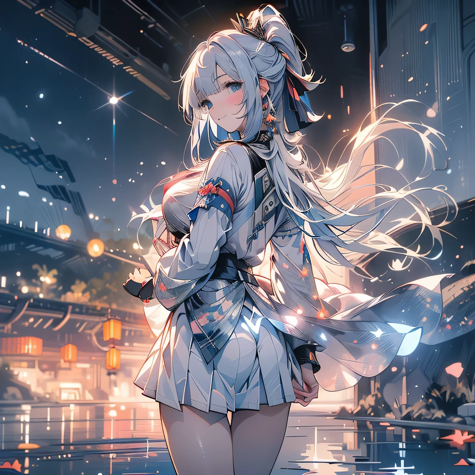 Looking back,
((Kamisato Ayaka in Genshin Impact)), ((semi long beautiful silver blue hair,blunt bangs,pony tail,beautiful blue eyes)), ((panty shot)),((lifting skirt)),((white panties focus)),
(low angle,from below),((masterpiece, highest resolution,best quality)), (beautiful illustration),(solo),(Japanese high ,sailor,mini skirt),(looking back at the viewer), (walking on the moon),(crater,night sky,moon surface,space craft,green earth),(innocent cute smile), (cinematic lighting),