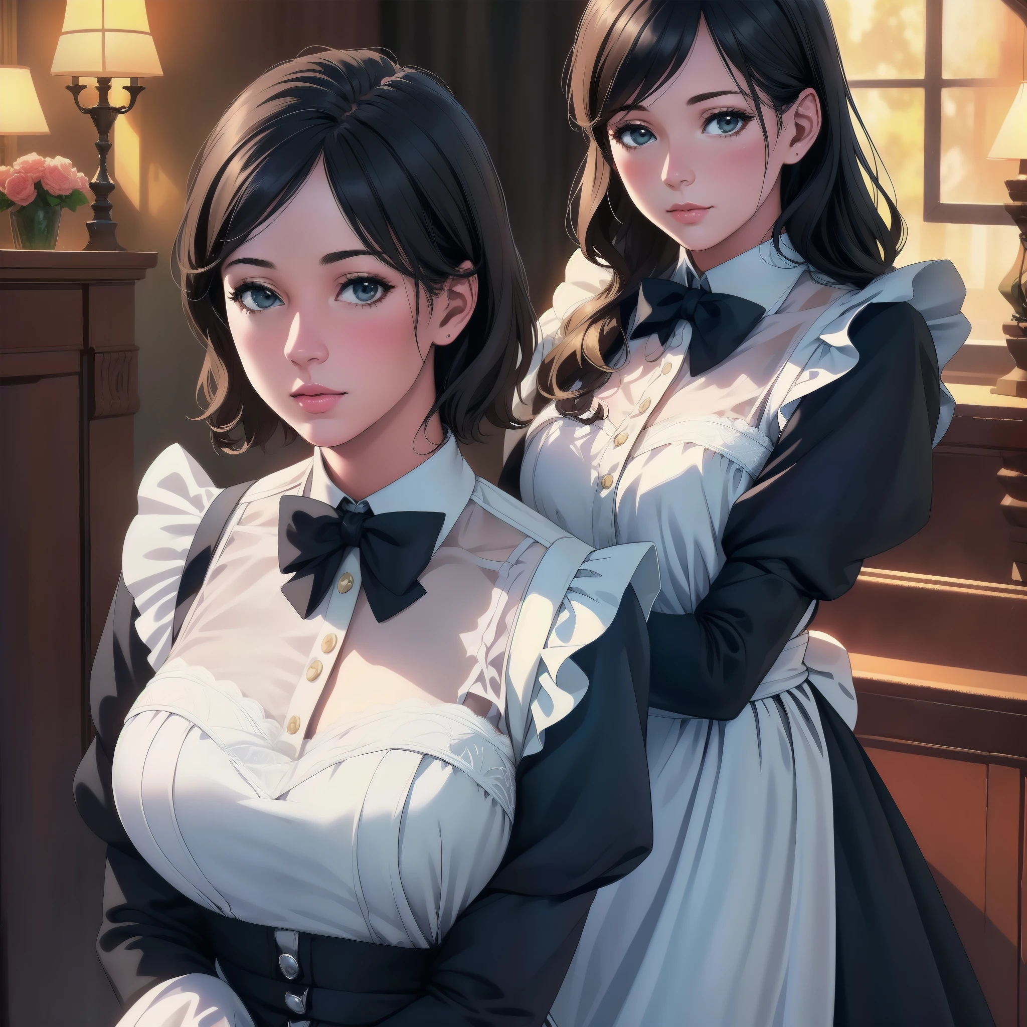 A maid in a white long dress with lace details, black bow, and black stockings, indoor, vintage style, soft lighting, delicate details,illustration,ultra-detailed,(realistic,photo-realistic:1.37),vivid colors,HDR,studio lighting