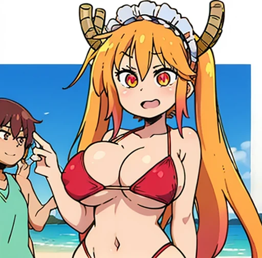 Tohru, cabello rojo, Cabello con trenza, ojos azules, ojos detallados, cuerpo completo, Cleavage Bulge, bikini, 