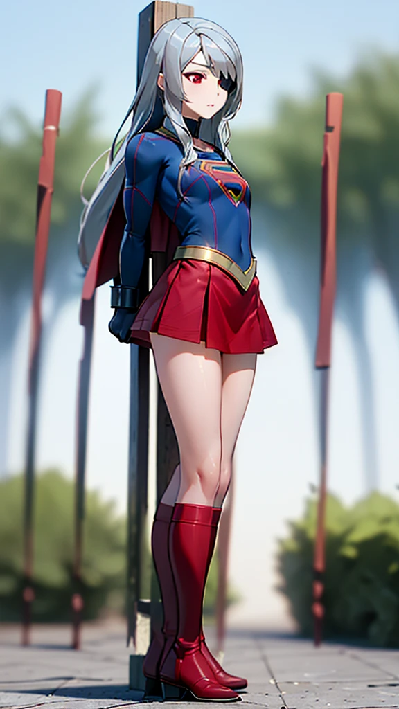 (whole body), (masterpiece:1.2), (Highest_quality:1.2), (Ultra_detailed:1.3), 8k,Low Angle，From below，Big ass girl, Mid-chest, barefoot，Red long boots，3D Rendering,( Supergirl)，Laura Bodewig, Long Hair, (Red eyes:1.3), Grey Hair, Eye patch,Red Skirt，The skirt is short,，A blue leotard is visible under the skirt.，The skirt is blown away by the wind，Red Cape，gloves，Simple Background，White Background，(STANDING BY WOODEN POLE)，Iron Collar, Put your arms behind your back, Iron Cuffs, bondage, bound,