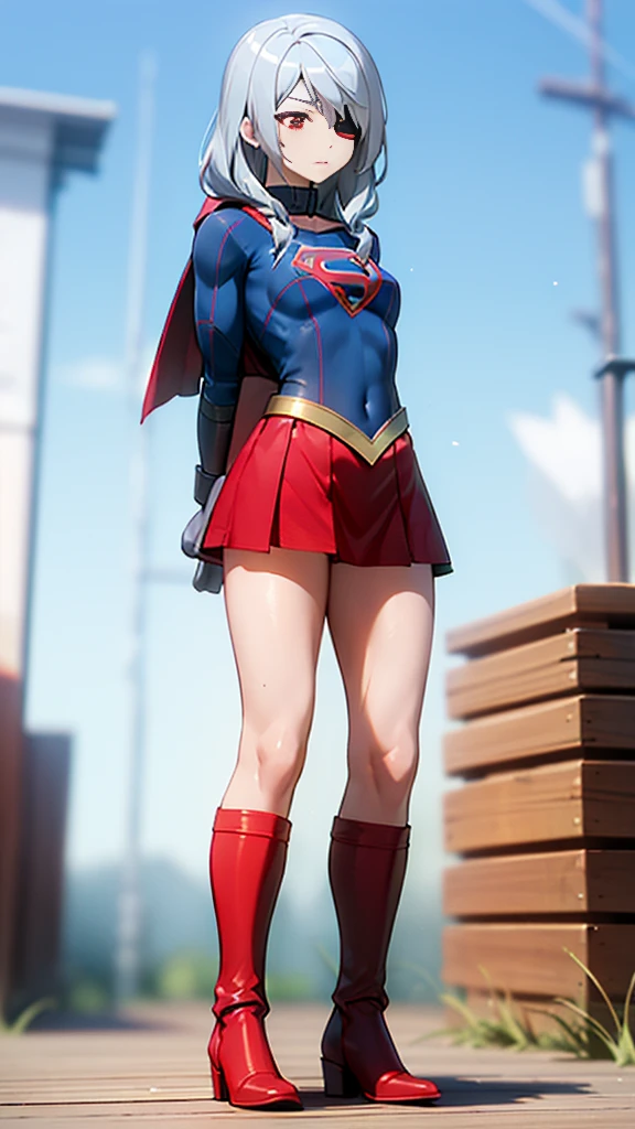 (whole body), (masterpiece:1.2), (Highest_quality:1.2), (Ultra_detailed:1.3), 8k,Low Angle，From below，Big ass girl, Mid-chest, barefoot，Red long boots，3D Rendering,( Supergirl)，Laura Bodewig, Long Hair, (Red eyes:1.3), Grey Hair, Eye patch,Red Skirt，The skirt is short,，A blue leotard is visible under the skirt.，The skirt is blown away by the wind，Red Cape，gloves，Simple Background，White Background，(STANDING BY WOODEN POLE)，Iron Collar, Put your arms behind your back, Iron Cuffs, bondage, bound,