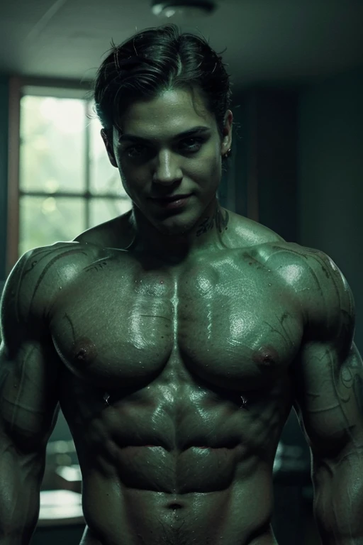 Sexy man, beautiful features, demonic eyes, wide smile, (muscle body) ((scars on his chest)), tattoos on his arms, sadomasoquist background, dominant aura, ethereal, black nails, ((green eyes)), realistic, (((solo))), 8k, hyperrealism, perfect body