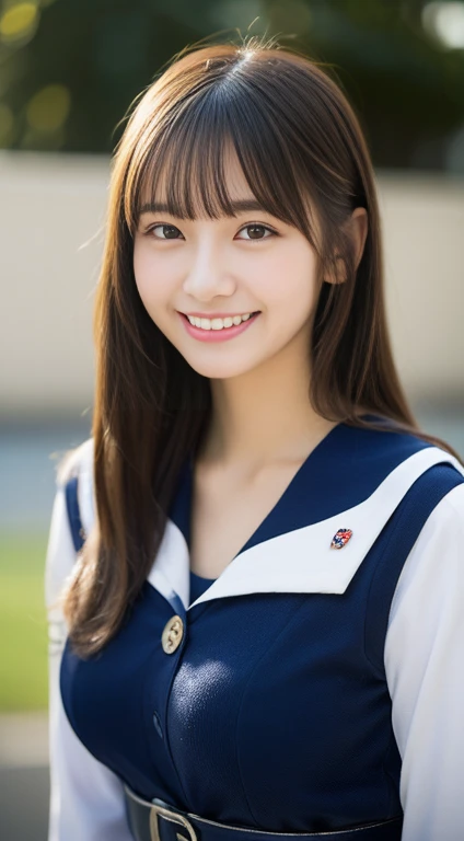 (highest quality、超A high resolution、masterpiece:1.3)、(run and jump)、Tall and beautiful woman、Long eyelashes, Long hair with bangs, Long eyelashes, Lips parted,  Surrealism, Cast a Shadow, Anaglyph, Verism, Depth of written boundary, Backlight, Expose F/1.2, Super detailed, Accurate, highest quality, Hmph, Tabletop, Detailed eyes, Textured skin, Wet skin, highest quality, In 8K, Blurred Background, ((Big breasts, small waist)), Thin thighs, (Huge boobs:1.1), Natural color lip, smile, Long legs, Perfect style and cute,、Schoolyard、Cheerfully、smile、skip、Teenage Girls　Japanese　Realistic　10 generations　　Background Blur、Sailor suit、blue sky