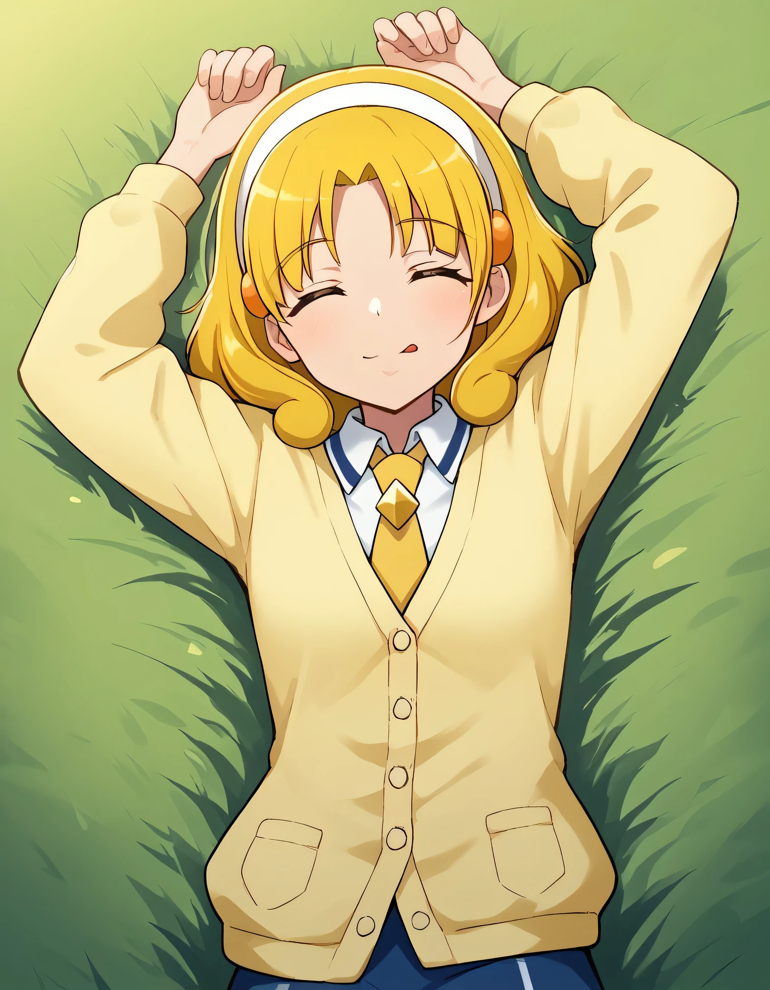 score_9, source_anime, rating_safe BREAK 1girl, solo
kise yayoi, yellow hair, yellow eyes, white hairband, hair ornament, medium hair, nanairogaoka middle , yellow necktie, yellow cardigan, (cowboy shot:1.5), solo, lying, on back, on grass, arms up,  closed eyes, best quality, tongue out, playing dead,