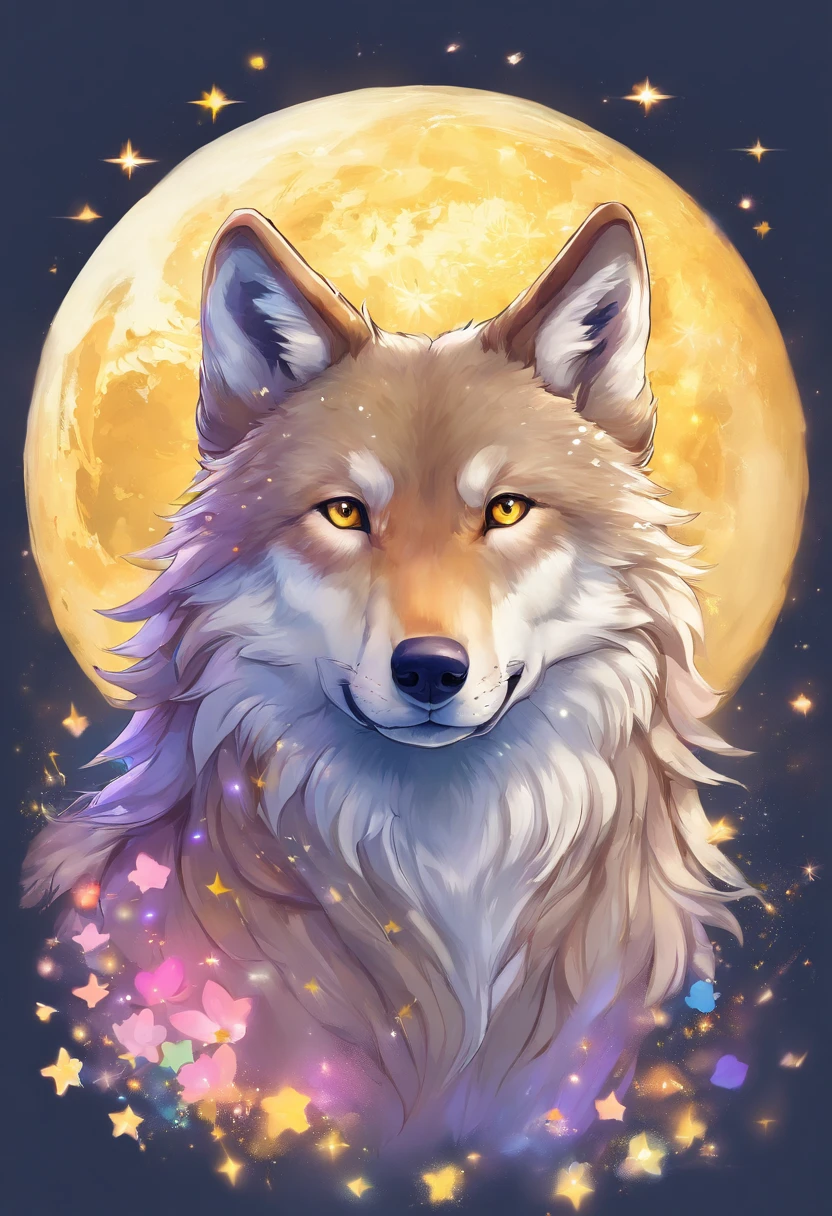 Realistic wolf in front of a full moon. The wolf has yellow eyes and golden fur.. The painting is full of stars and faint lights，The wolf had a calm expression.