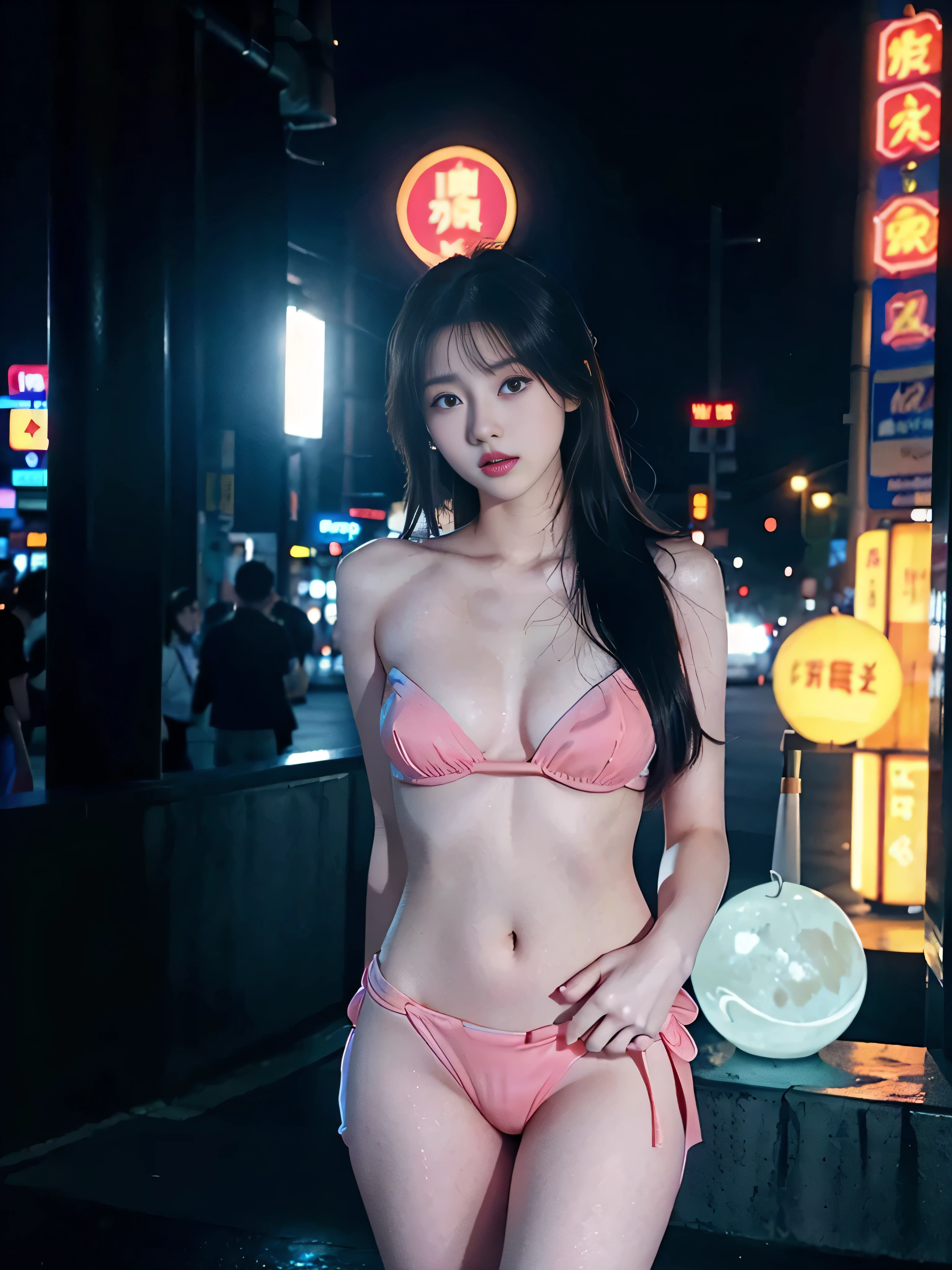 Beautiful woman with gal makeup on the busy street of Gintama、Surrounded by vendors、Beautiful portrait of a stunning goddess girl、Beautiful detailed face、Porcelain Skin、Full Body Shot、central、nsfw,navel,、((moonlight、night、Big neon、Strong neon lighting、Rim lighting、Two-tone lighting)))、