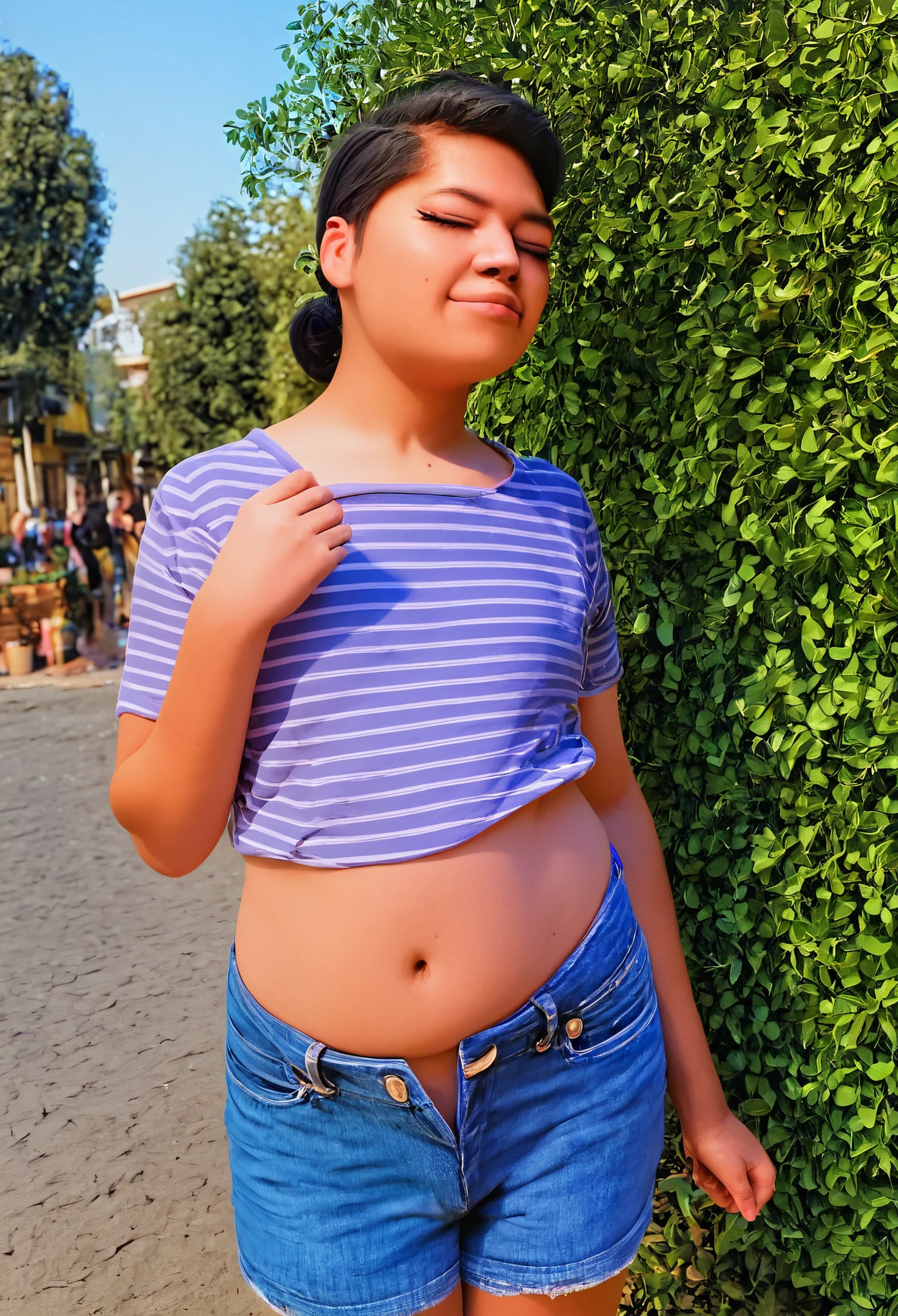 score_9,score_8_up,score_7_up,score_6_up,score_5_up,score_4_up,(((Ailatman,azlatguy)), latina, mexican girl, short girl), slender, slender neck, black hair, brown skin, cute face, girly expression, shorts, 1girl, denim, denim shorts, midriff, outdoors, tree, navel, closed eyes, black hair, dainty hands, girly hands