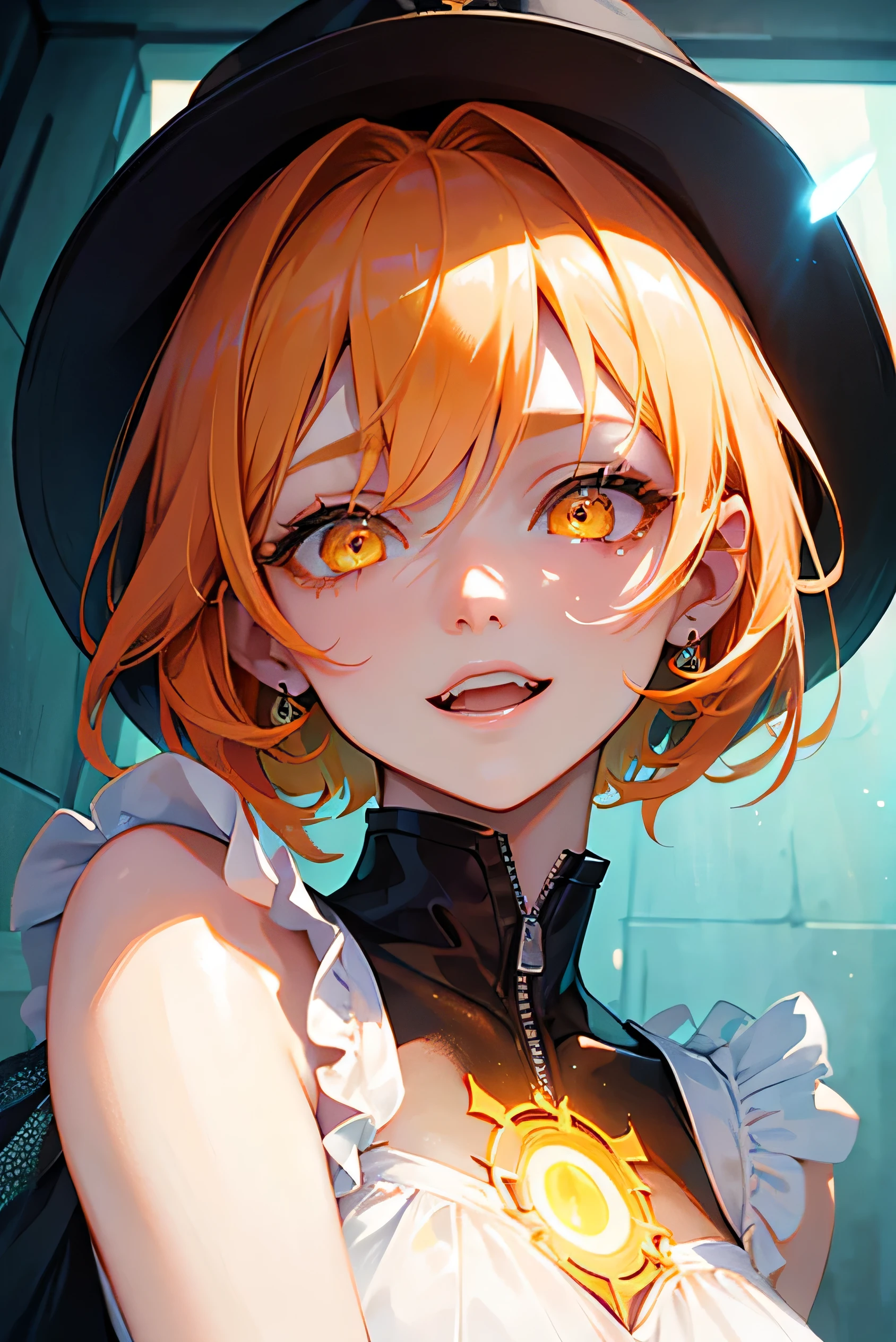 masterpiece, highest quality, so beautiful、Latest、Orange Hair, short hair, ((Glowing yellow eyes))、Cool evil laugh、Adult woman wearing a white dress、Face close-up、Bullish expression、Mature and cool