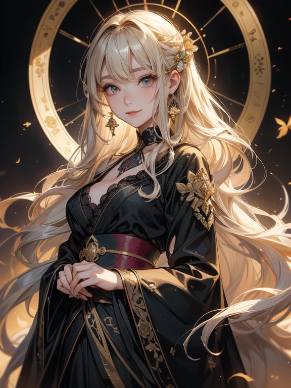 (8k, RAW Photos, highest quality, masterpiece:1.2), (Realistic, photo-Realistic:1.37)、Tarot cards flying in the sky,Earrings, eyelash, pantyhose、セクシーな刺激的なsmile、 (Shiny skin:1.05)、Background Blur((Depth of written boundary))、、Long Hair、My hair is wavy、A 23-year-old Japanese woman of unparalleled beauty、black eye、Dark Blonde、Hair is wavy、Long Hair、The ends of the hair are curled upwards、She is a fortune teller.、smile、She is wearing a black lace choker、background art nouveau(Malt Vert))