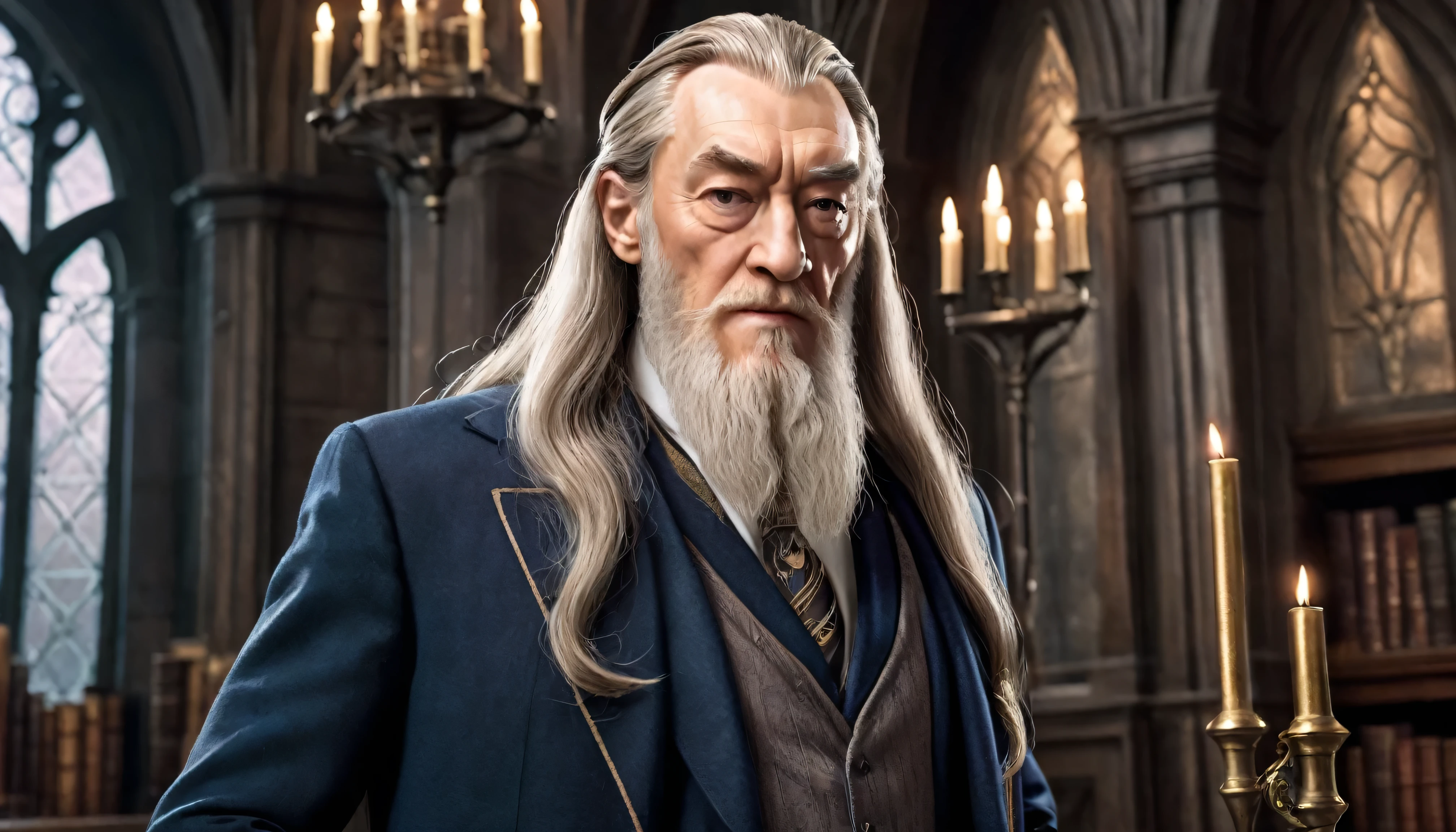 Very Handsome Professor Albus Dumbledore with a really big chiseled jawline and very big muscled Muscles is looking straight with sigma look inside his magic academy, Ultra realistic