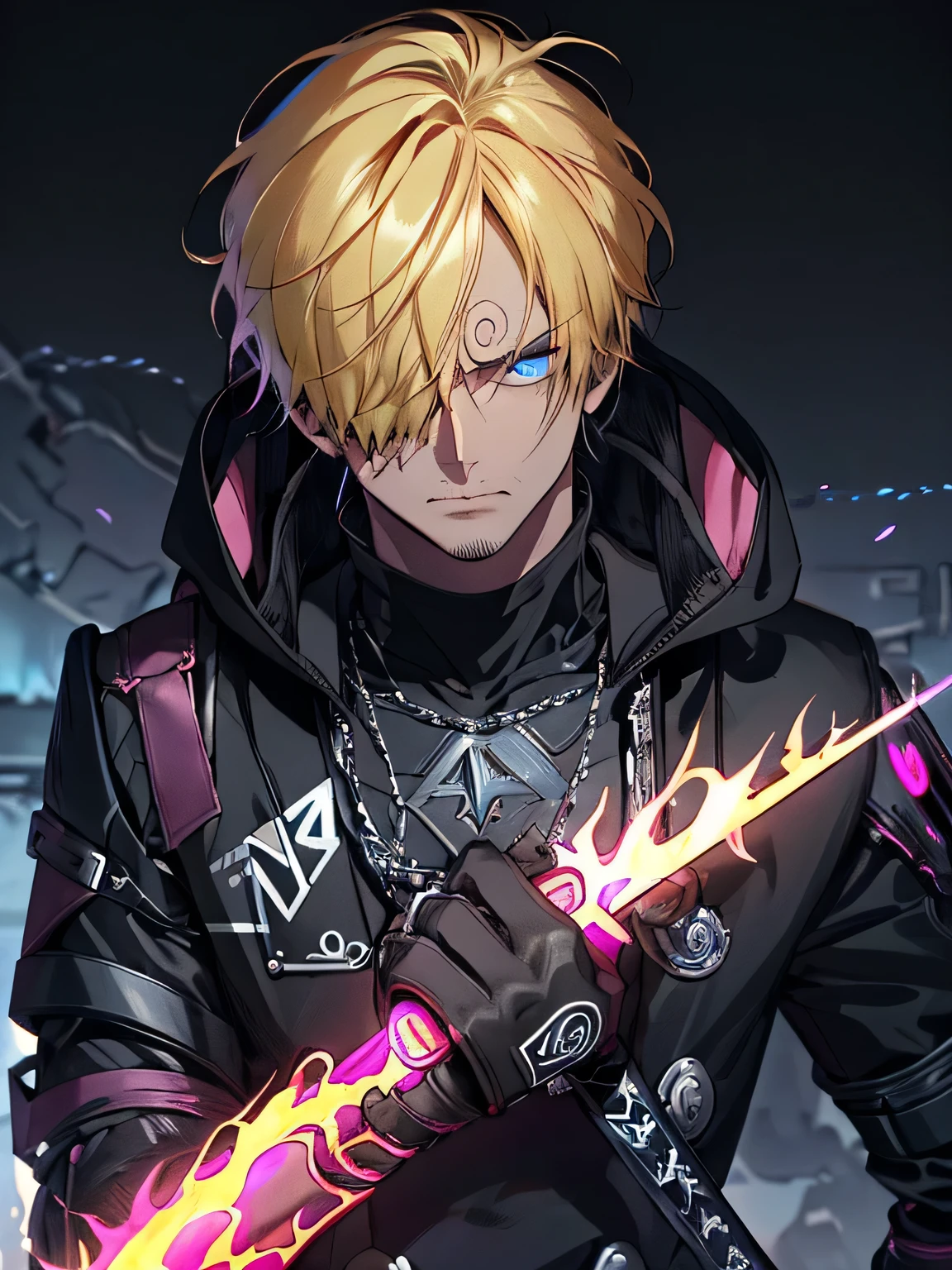 a cool male with medium length yellow hair, purple and blue eyes, wearing a black hooded shirt, in a cyberpunk neon environment, has elemental powers with half black fire and half ice, carrying 2 large swords equipped with long chains, (best quality,4k,8k,highres,masterpiece:1.2),ultra-detailed,(realistic,photorealistic,photo-realistic:1.37),concept art,highly detailed face,cinematic lighting,dramatic shadows,vivid colors,intricate details