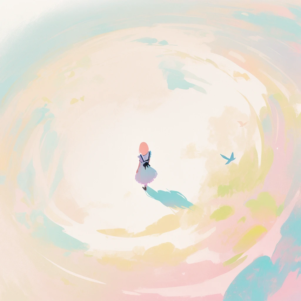 a girl in a maid uniform,aerial view,minimalist,illustration,birds eye view,fantasy,dreamlike,serene,peaceful,ethereal,pastel colors,soft lighting,minimalist Journey