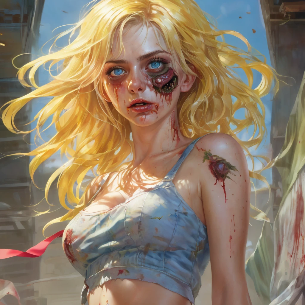 (finely detailed beautiful eyes and detailed zombie face,masterpiece sidelighting,masterpiece,best quality,detailed,high resolution illustration),, (1 depraved girl,whole body,sundress,lustrous skin,looking down,looking at viewer),, (yellow hair,blue eyes,ribbon, sheer clothes), (clothed_underbust:1.2),underboob