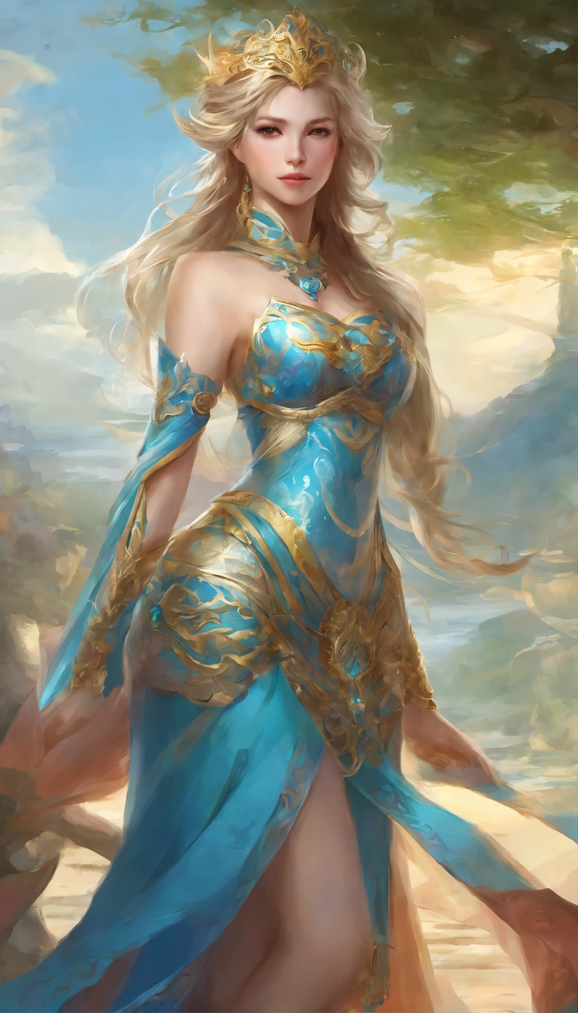 with high definition images,Detailed fantasy art masterpiece: By Chengwei Pan from ArtStation、Woman with stunning character adorned in sky blue dress close-up。This fan art is、Acclaimed Artists、Created by Kyoto Animation, it is a testament to the exceptional skill of the artists。Detailed fantasy art、Intricate pattern detail on armor、Delicate fabric texture、Vivid and rich colors、It radiates a captivating charm。Hall々A woman with a stern posture and intricate armor、It exudes an aura of breathtaking strength and beauty.。