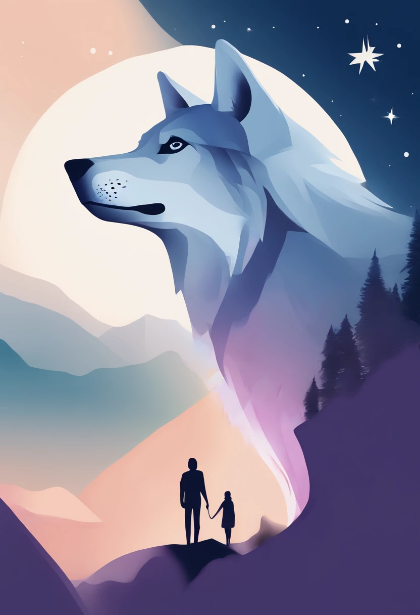 (( Simple logo design with Gradient effect)), (Vector art), (minimalist design), (Gradient effect), Let&#39;s try it in a hand-drawn style., User Roxo as a core, dark blue, Azure and total simples de Linha Blanca. (Logo、Hold your head high on the mountain top、A simple drawing of a wolf looking up at three stars in the sky.。). Renders the image as if the camera were looking at the scene from directly below, Gives the impression that the wolf is slightly above the observer, But it&#39;s not that far away. The wolf&#39;s body faces the observer.、Position your head to see the stars above in perspective。