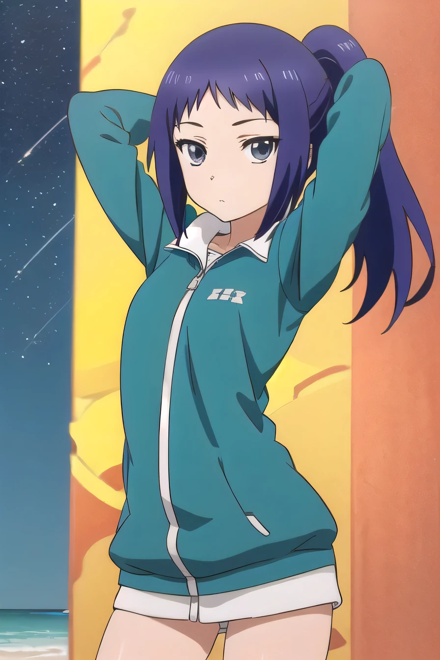 solo, 1girl, looking at viewer, 2D, anime, anime coloring, (cowboy shot:1.5), solo, night sky, beach, arms behind head, contrapposto, spread armpits, looking at viewer, best quality, closed mouth, expressionless, minami oosawa, track jacket, 