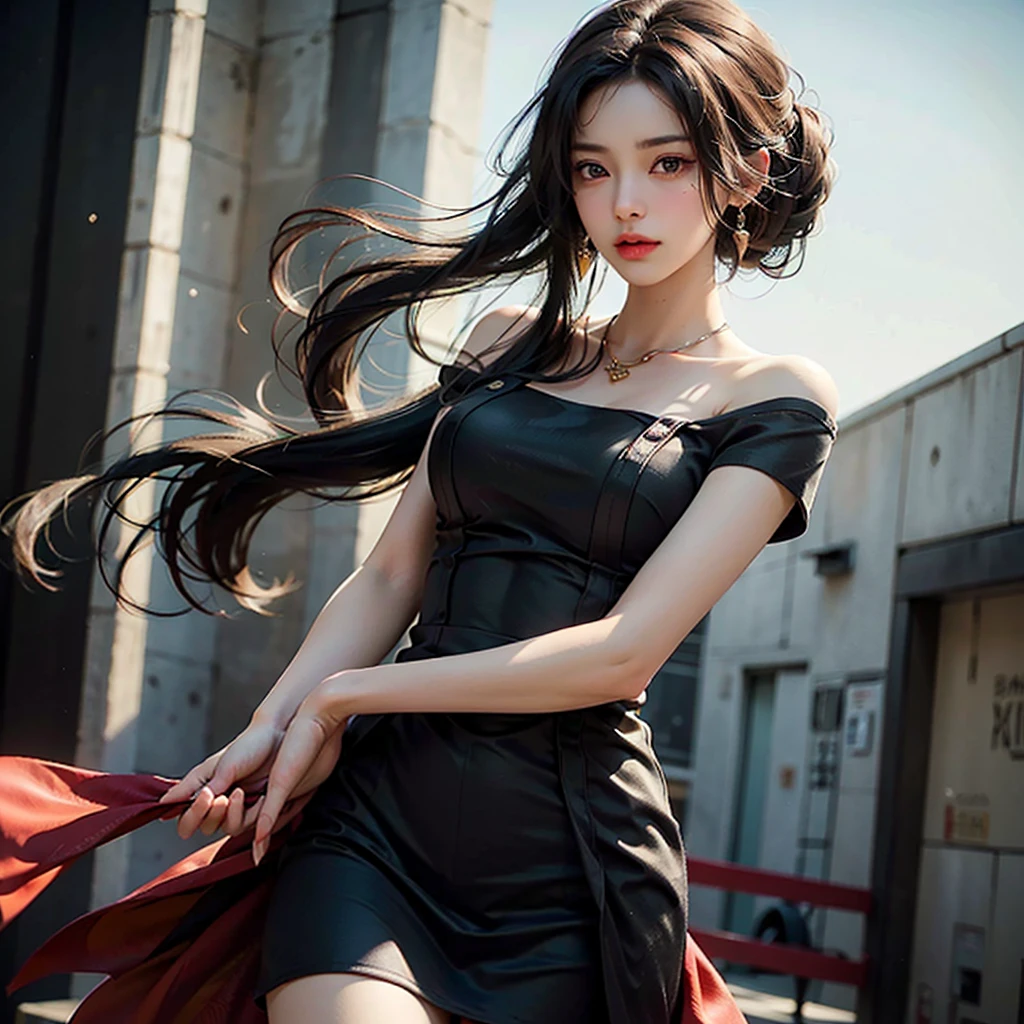 beautiful russian woman in her 20s, 8k, perfect physique, perfect proportions, detailed face, high quality, photorealistic, stunning eyes, long eyelashes, attractive facial features, flawless skin, light brown hair, tight waist, stylish clothes, necklace, active posing, rough long hairstyle, vivid colors, masterpiece, best quality,Black Dress,Shoulder,She jumps out,jump,She floats in the air,Move away from the ground,Jump High,Flying in the air