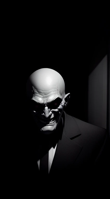 Creepy guy, cultist, detailed, Noir et blanc, monochrome, looking at viewer, evil grin,