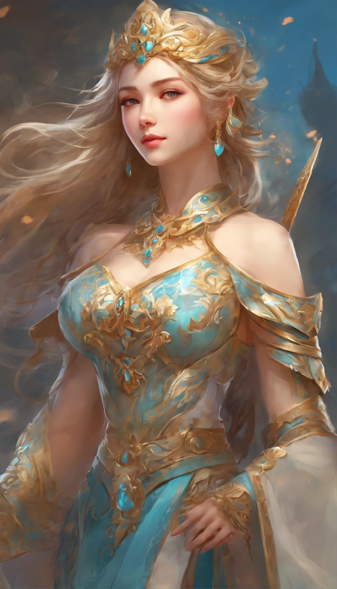 with high definition images,Detailed fantasy art masterpiece: By Chengwei Pan from ArtStation、Woman with stunning character adorned in sky blue dress close-up。This fan art is、Acclaimed Artists、Created by Kyoto Animation, it is a testament to the exceptional skill of the artists。Detailed fantasy art、Intricate pattern detail on armor、Delicate fabric texture、Vivid and rich colors、It radiates a captivating charm。Hall々A woman with a stern posture and intricate armor、It exudes an aura of breathtaking strength and beauty.。