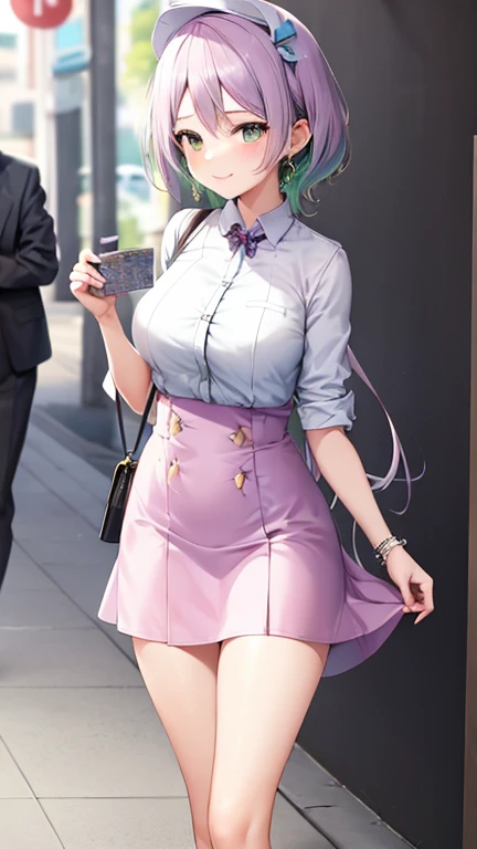 feminine smile ,  pastel colored date clothes , During a date . She is taking a walk with me .  , On a date ,  various poses ,  various angles ,  various top and bottom angles , mini skirt