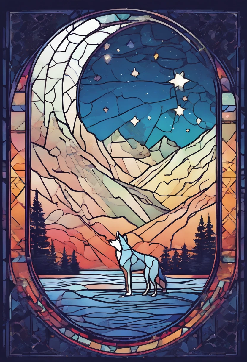 (( Simple logo design with Gradient effect)), (Vector art), (minimalist design), (Gradient effect), Let's try it in a hand-drawn style., User Roxo as a core, dark blue, Azure and total simples de Linha Blanca. (Logo、Hold your head high on the mountain top、A simple drawing of a wolf looking up at three stars in the sky.。). Renders the image as if the camera were looking at the scene from directly below, Gives the impression that the wolf is slightly above the observer, But it's not that far away. The wolf's body faces the observer.、Position your head to see the stars above in perspective。
