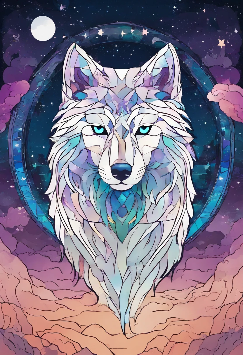 (( Simple logo design with Gradient effect)), (Vector art), (minimalist design), (Gradient effect), Let's try it in a hand-drawn style., User Roxo as a core, dark blue, Azure and total simples de Linha Blanca. (Logo、Hold your head high on the mountain top、A simple drawing of a wolf looking up at three stars in the sky.。). Renders the image as if the camera were looking at the scene from directly below, Gives the impression that the wolf is slightly above the observer, But it's not that far away. The wolf's body faces the observer.、Position your head to see the stars above in perspective。