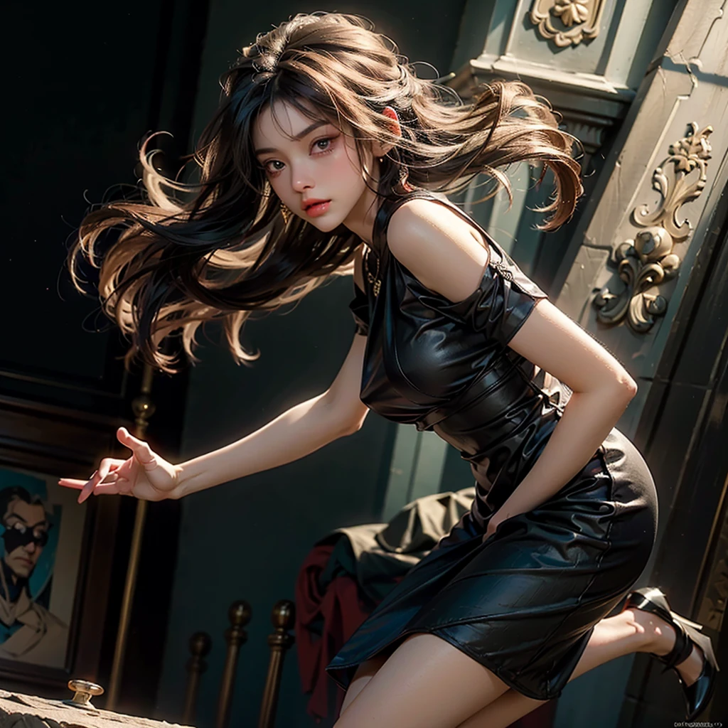 beautiful russian woman in her 20s, 8k, perfect physique, perfect proportions, detailed face, high quality, photorealistic, stunning eyes, long eyelashes, attractive facial features, flawless skin, light brown hair, tight waist, stylish clothes, necklace, active posing, rough long hairstyle, vivid colors, masterpiece, best quality,Black Dress,Shoulder,She jumps out,jump,She floats in the air,Move away from the ground,Jump High,Flying in the air