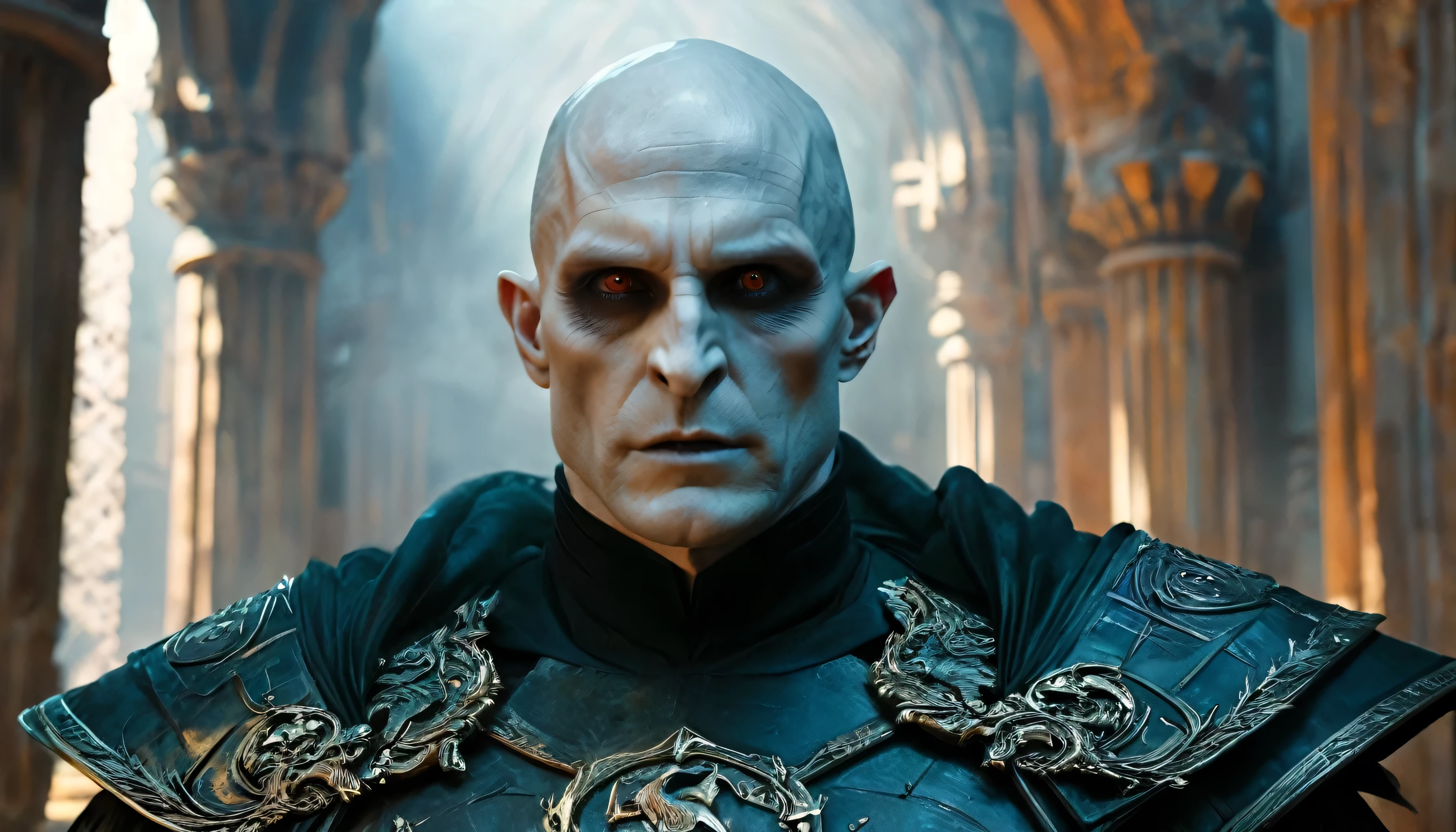 Very Handsome Lord Voldemort with a really big chiseled jawline and very big muscled Muscles is looking straight with sigma look inside his magic academy, Ultra realistic