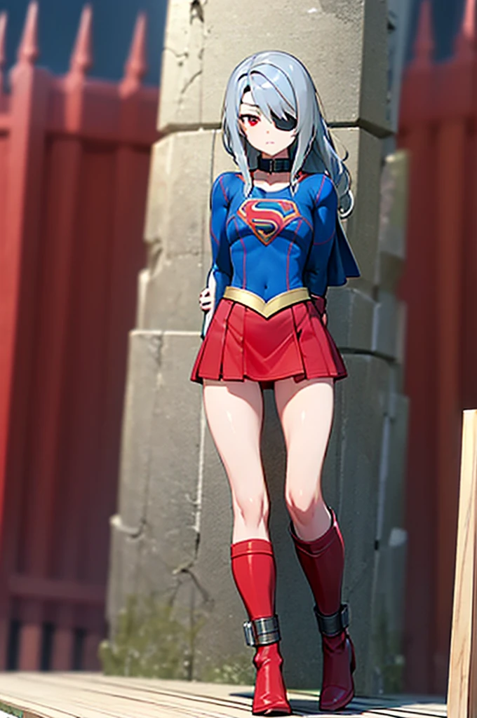 (whole body), (masterpiece:1.2), (Highest_quality:1.2), (Ultra_detailed:1.3), 8k,Low Angle，From below，Big ass girl, Mid-chest, barefoot，Red long boots，3D Rendering,( Supergirl)，Laura Bodewig, Long Hair, (Red eyes:1.3), Grey Hair, Eye patch,Red Skirt，The skirt is short,，A blue leotard is visible under the skirt.，The skirt is blown away by the wind，Red Cape，gloves，Simple Background，White Background，(STANDING BY WOODEN POLE)，Iron Collar, Put your arms behind your back, Iron Cuffs, bondage, bound,