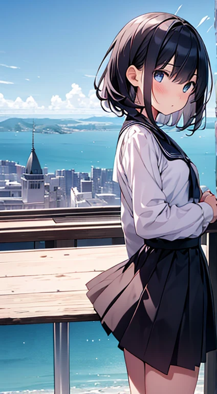 Tabletop, highest quality,Illustrati/on, wallpaper, Super detailed, Absurd, 1、 Srlo, (Medium short hair、sbraun hair), Very detailed beautiful eyes , braun eyes,Hair blowing in the wind、:0、 Beautiful sky、(a panoramic view:1.5),Slightly chubby,Small breasts,Small butt