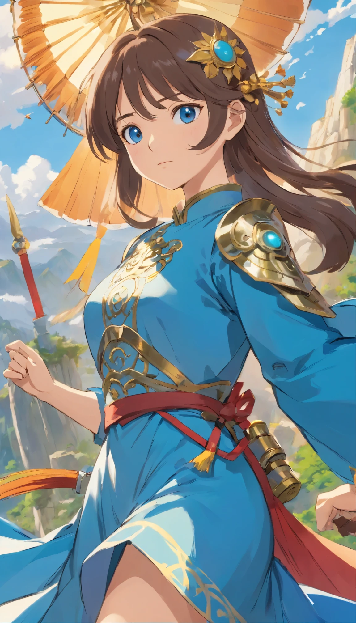 with high definition images,Detailed fantasy art masterpiece: By Chengwei Pan from ArtStation、Woman with stunning character adorned in sky blue dress close-up。This fan art is、Acclaimed Artists、Created by Kyoto Animation, it is a testament to the exceptional skill of the artists。Detailed fantasy art、Intricate pattern detail on armor、Delicate fabric texture、Vivid and rich colors、It radiates a captivating charm。Hall々A woman with a stern posture and intricate armor、It exudes an aura of breathtaking strength and beauty.。