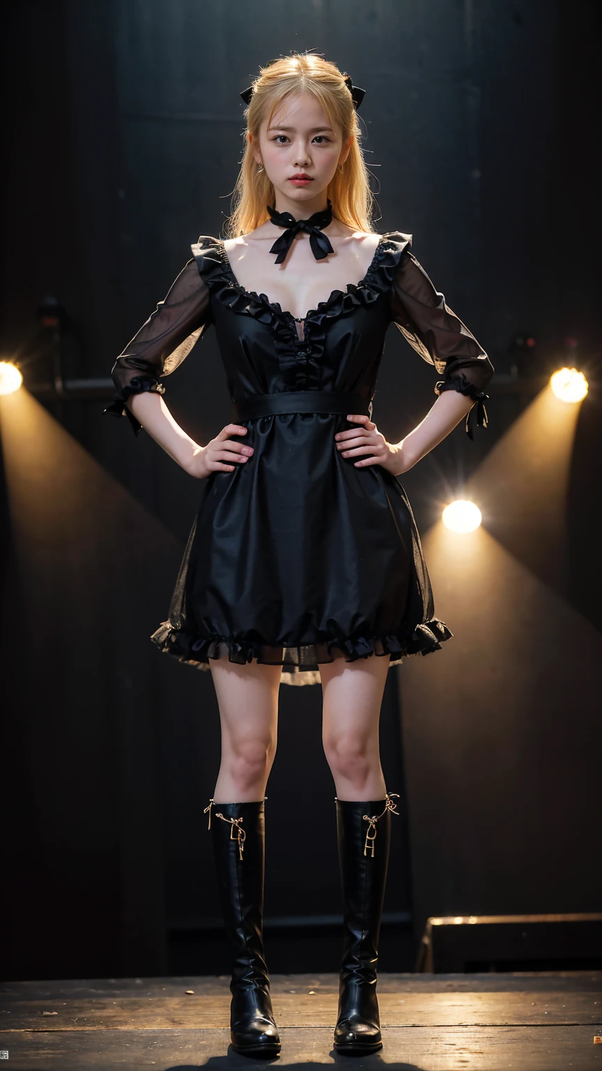(8k、RAW Photos、highest quality、masterpiece:1.2)、(Realistic、Realistic)、1 girl、((Black mile、dress、Blonde、Frills、Ribbon on chest、Large Breasts、See-through、stage、Spotlight、View from the front、boots、Standing with hands on hips))、
