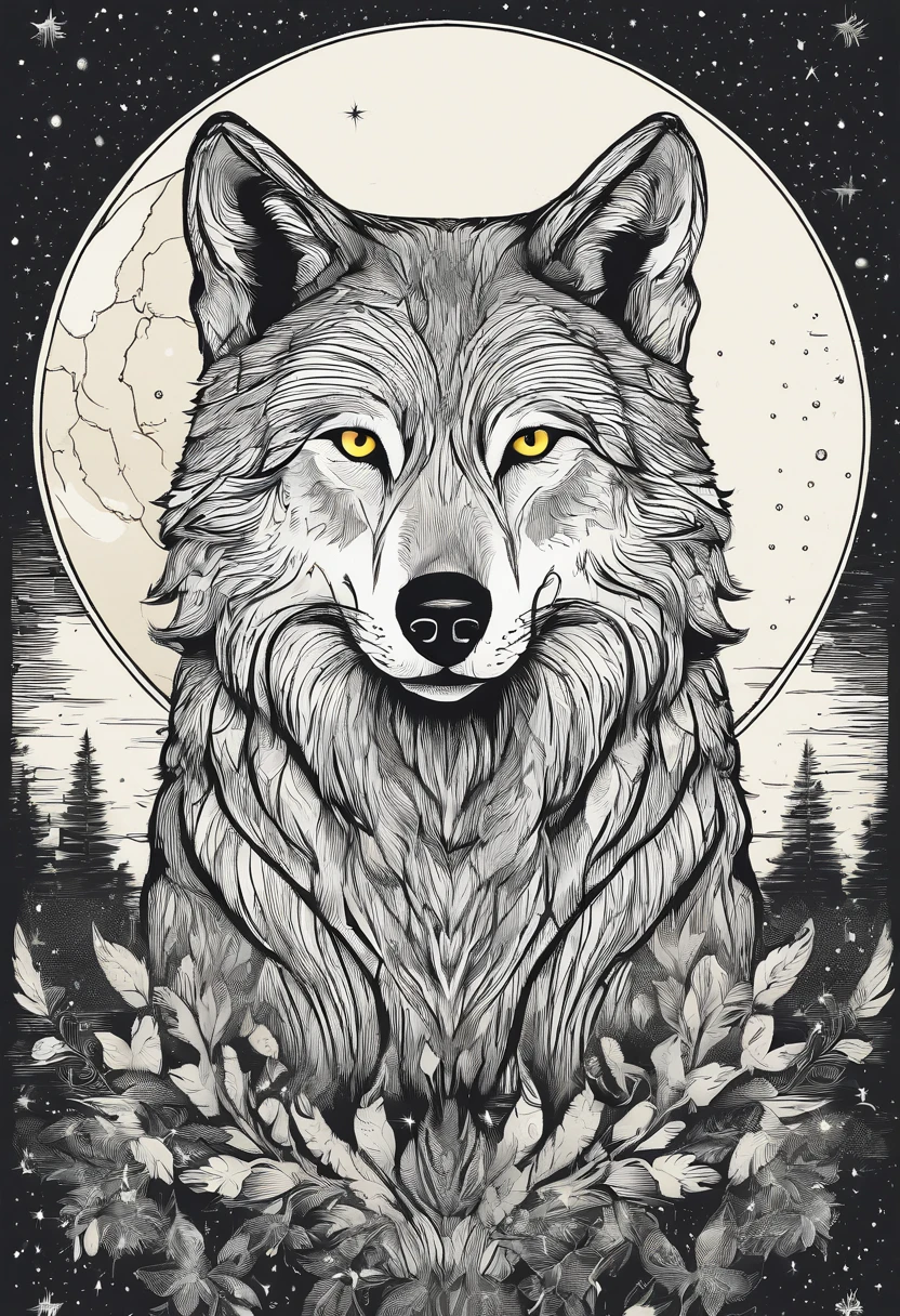 Realistic wolf in front of a full moon. The wolf has yellow eyes and golden fur.. The painting is full of stars and faint lights，The wolf had a calm expression.