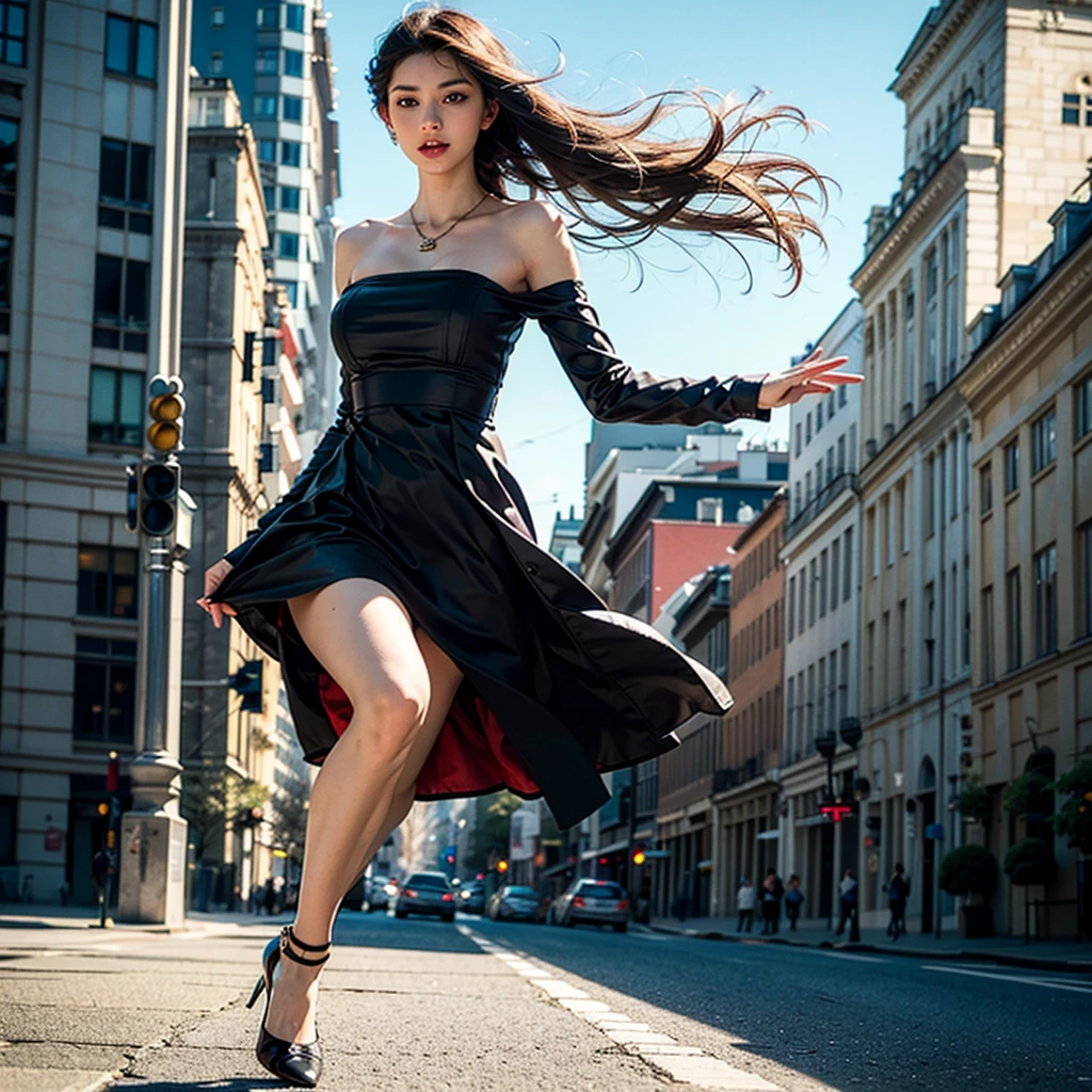beautiful russian woman in her 20s, 8k, perfect physique, perfect proportions, detailed face, high quality, photorealistic, stunning eyes, long eyelashes, attractive facial features, flawless skin, light brown hair, tight waist, stylish clothes, necklace, active posing, rough long hairstyle, vivid colors, masterpiece, best quality,Black Dress,Shoulder,She jumps out,jump,She floats in the air,Move away from the ground,Jump High,Flying in the air