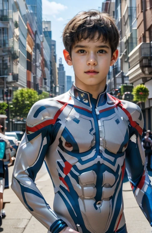 Ultraman, realistic, realistic, movie lights, young man in shiny red and silver suit, 15 years old, professional photo, skin exposed, Japanese model, Japanese CGI, sexy Ultraman suit, Power Rangers set, tight thin cyber suit, with elastic all over, delicate body, small butt, muscle, abs, lewd mark, groin tattoo, thin waist, exposed belly cyber suit on both sides skin tight, slanted eyes, sharp gaze, ponytail hair, facing forward, standing facing forward, glowing sphere embedded in chest, essay exam, blue sky background, Young beautiful boy, young handsome boy, Ultraman Boy personification, Ultraman-colored latex, Ultraman-colored rubber bodysuit, Ultraman color suit, Ultraman body suit, muscles, abs, mask off Ultraman Boy, Ultraman Boy without mask, Ultraman Boy suit, Ultraman Boy cosplay, Ultraman Boy costume, 15 year old boy's body, Ultraman Boy with face exposed, Ultraman without mask Boy, Ultraman without mask, medium-length hair, ponytail hair, color timer on chest, energy drain on chest, Ultraman Boy, boy's face, young boy with long hair, Ultraman Boy cosplayer, exposed face, 13 to 15 years old Boy, young boy's face, high definition, highest quality, best masterpiece, highest clarity, highest resolution, 8K, 16K, 32K, CG art, highest detail, Full body shot, full body view, Belly-baring Ultraman-colored bodysuit, belly-baring Ultraman-colored bodysuit, revealing bodysuit, lewd mark, crotch tattoo, abdominal muscle openwork bodysuit, abdominal muscle visible bodysuit,