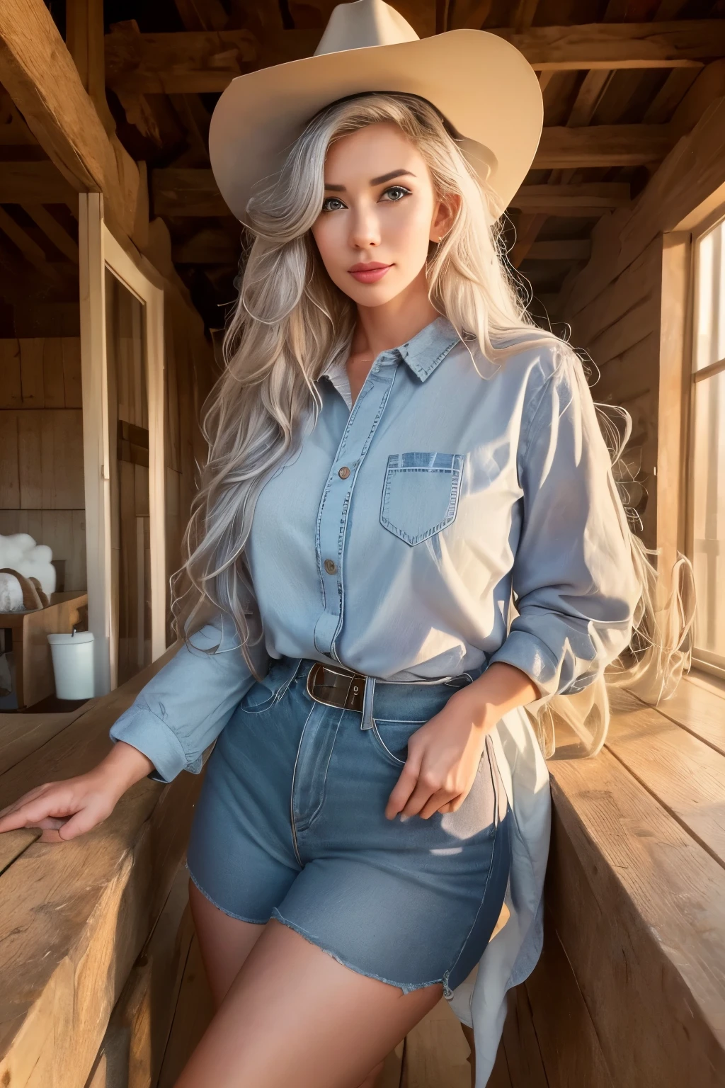 um retrato de (Alanahp) dentro de um celeiro de fazenda, (vestindo roupas de cowgirl : 1.5) and a cowboy hat, cores vivas, dramatic lighting, (Obra de arte, melhor qualidade:1.1), Nikon D850, fotografia de estoque de filme ,4Kodak Portra 400 ,f1 camera.6 lentes ,Cores ricas, (lindo rosto detalhado : 1.3)