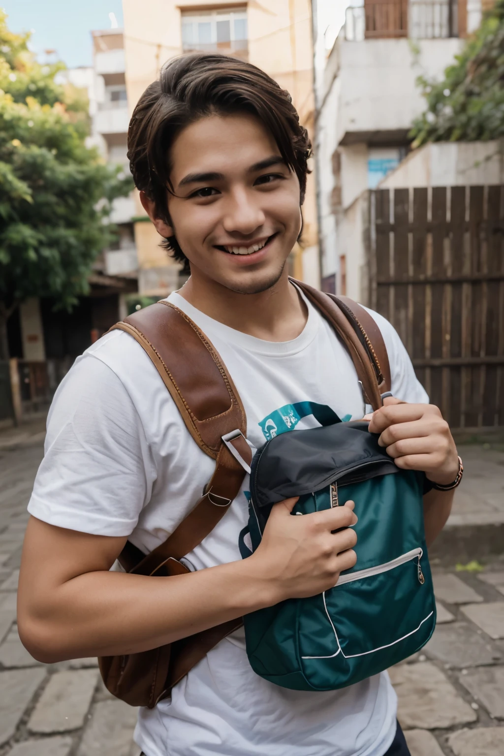 Imagen estilo de anime de un chico asustado con mochila siendo perseguido por una chava que esta sonriendo con un cuchillo en la mano