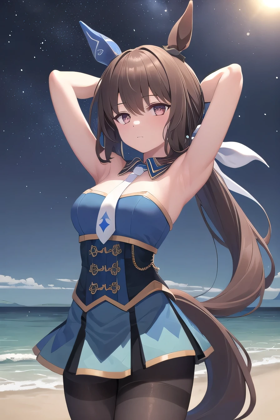 (masterpiece, best quality:1.2), solo, 1girl, admirevega, high quality, solo, night sky, beach, arms behind head, {contrapposto}, closed mouth, spread armpits, (cowboy shot:1.5), looking at viewer, expressionless, ponytail, horse ears, ear covers, blue dress, necktie, pantyhose, horse tail 