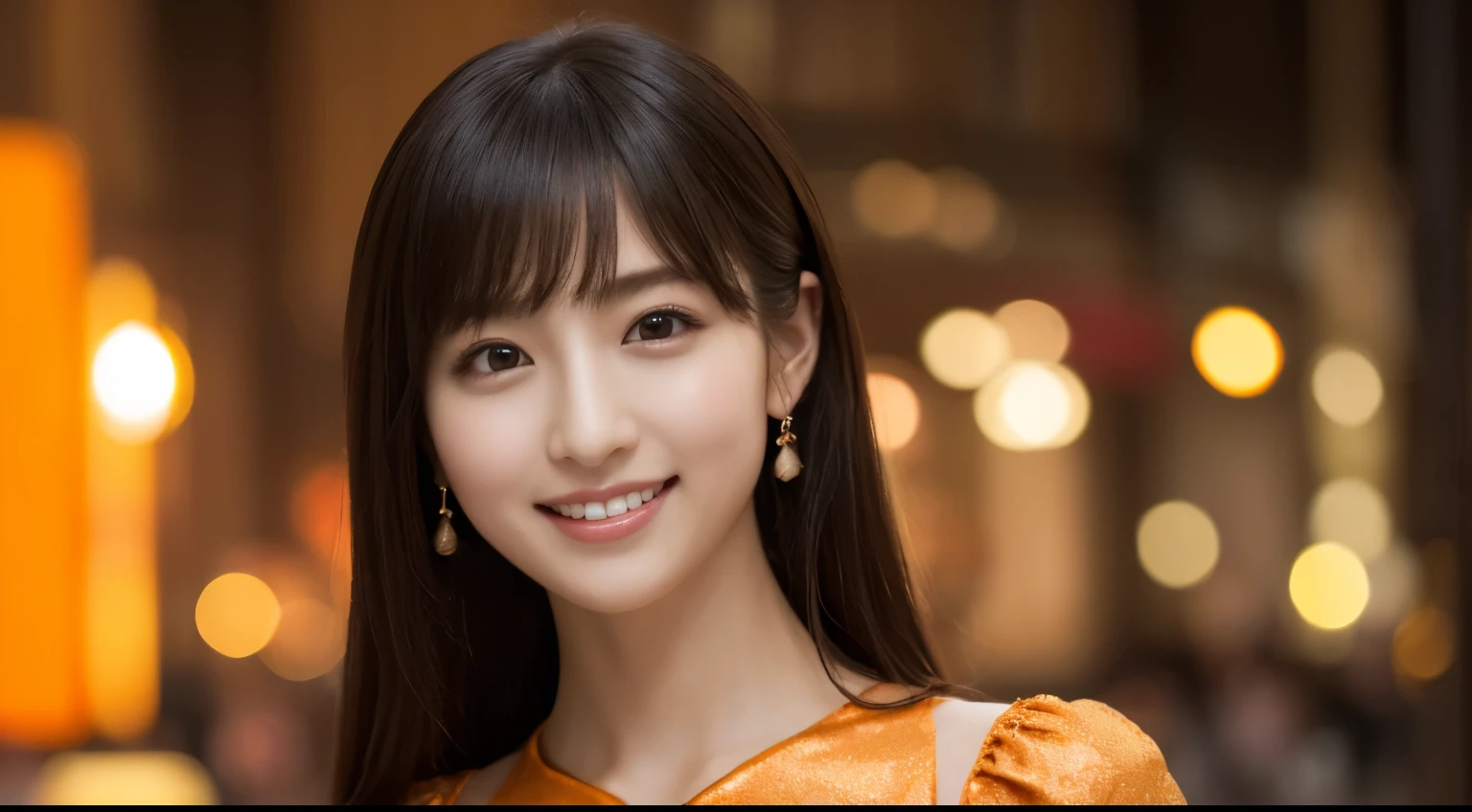 One Girl, (wearing an orange glitter dress:1.2), (RAW Photos, highest quality), (Realistic, Photorealistic:1.4), Tabletop, Very delicate and beautiful, Very detailed, 2k wallpaper, wonderful, In detail, Very detailed CG Unity 8k wallpaper, Very detailedな, High resolution, Soft Light, Beautiful detailed girl, Very detailedな目と顔, Beautifully detailed nose, Beautiful fine details, Cinema Lighting, City lights at night, Amazing illumination, Perfect Anatomy, Slender body, small, smile