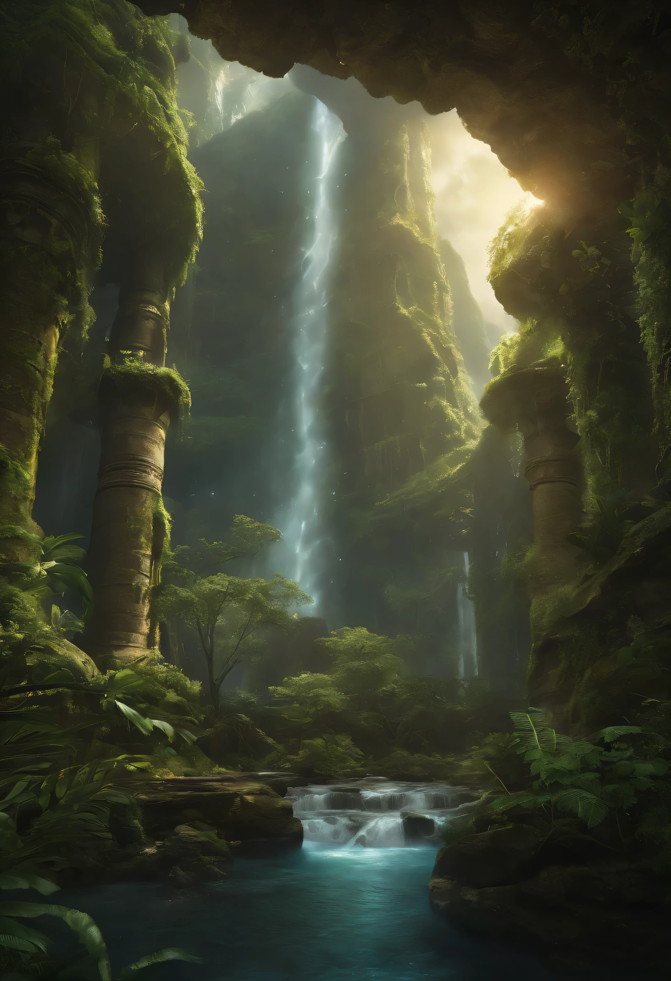 "In a distant, alien world, a group of explorers stumbles upon an ancient, overgrown city. The city is perched on the edge of a colossal waterfall, with towering, bioluminescent trees surrounding it. As they venture deeper into the city's ruins, they uncover a mysterious artifact that holds the key to unlocking the planet's long-forgotten secrets. Create an artwork that captures the awe and wonder of this moment."