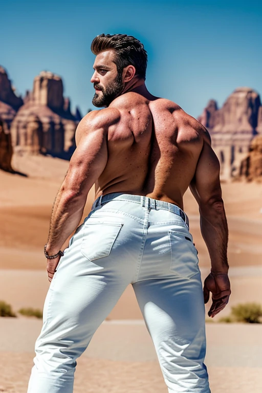 Mature man, very handsome, best quality, adventurer, white jeans, hairy chest , masterpiece, super high resolution, detailed background, reality, , single, 1 boy, muscle man, beard, desert, desert, mountain, muscle, facial hair, volumetric lighting, depth of field, wheezing, raised crotch, handsome action, big dynamics, (((big butt))) ((backside)) walking