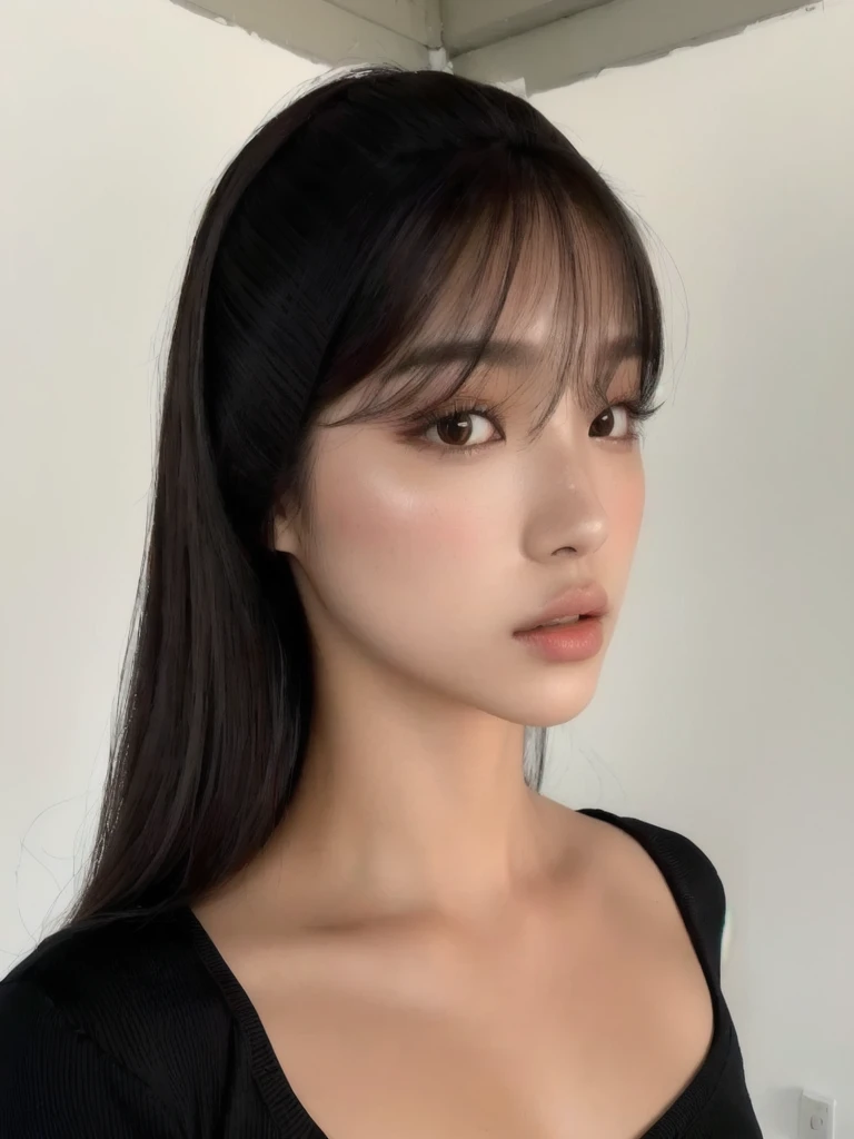 una mujer con cabello largo que llevaba un top negro y una diadema negra, long flequillo recto, hermosa joven coreana, she has black hair Con flequillo, flequillo recto, hermosa mujer surcoreana, hermosa joven coreana, neat hair Con flequillo, joven y adorable rostro coreano, Con flequillo, long hair Con flequillo, muchacha coreana, ulzzang, pelo largo con flequillo completo