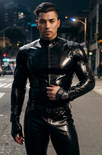 Handsome Latin Man Glamor Modern Fashion FUTURISTIC Fashion Black Clothing in Athletic LATEX pop Star Chestpiece ARMOR medieval warrior heroes ACRYLIC LATEX. FABRICA GOTCA tight pants highlighting the muscles. Goth futuristic haute couture. Visor oculos motoqueiro escudo preta sobre o rosto e olhos. Corpo inteiro vestido com latex preto