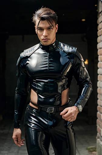 Handsome Latin Man Glamor Modern Fashion FUTURISTIC Fashion Black Clothing in Athletic LATEX pop Star Chestpiece ARMOR medieval warrior heroes ACRYLIC LATEX. FABRICA GOTCA tight pants highlighting the muscles. Goth futuristic haute couture. Visor oculos  motoqueiro escudo  preta sobre o rosto e olhos. Corpo inteiro vestido com latex preto