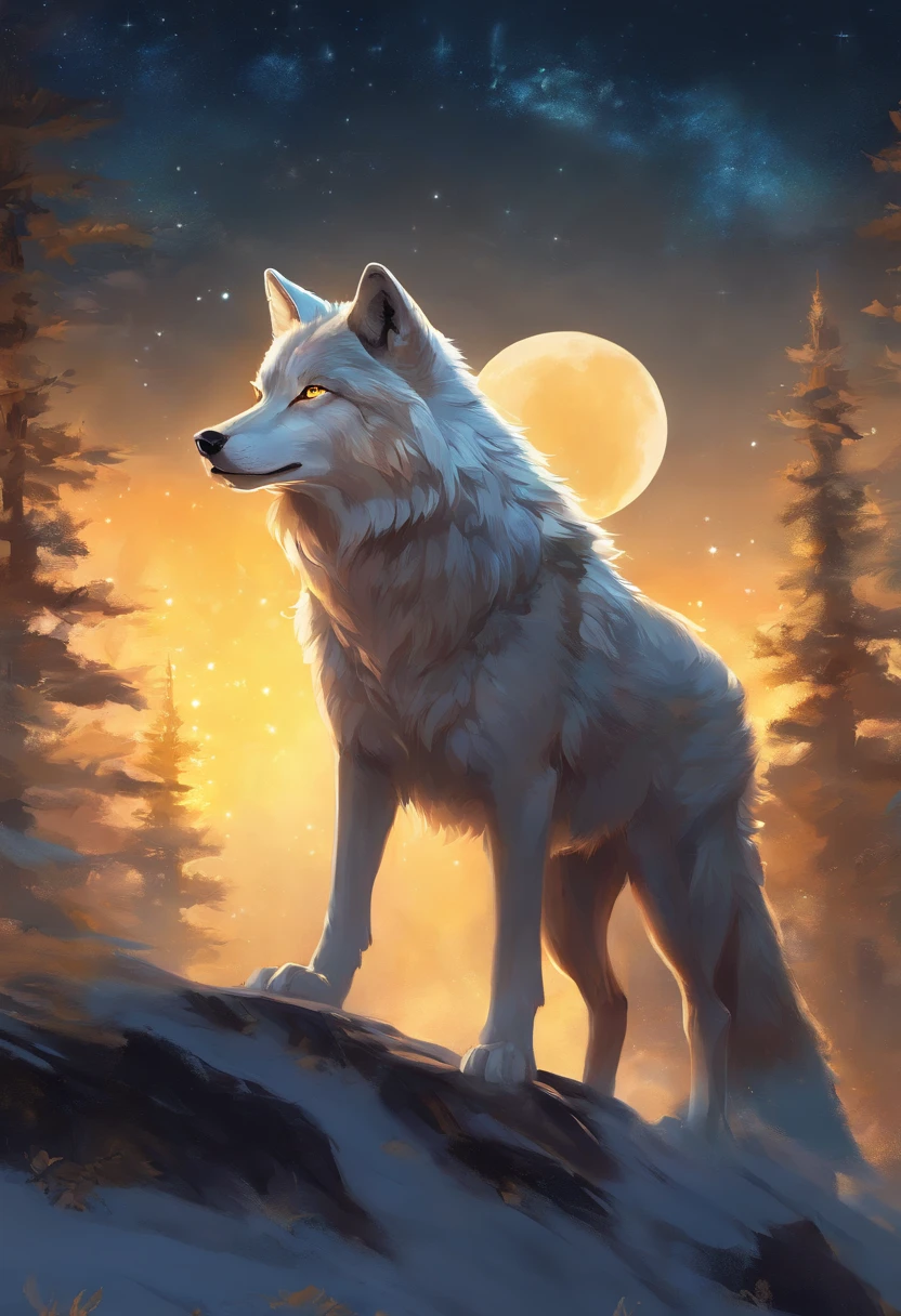 Realistic wolf in front of a full moon. The wolf has yellow eyes and golden fur.. The painting is full of stars and faint lights,The wolf had a calm expression.