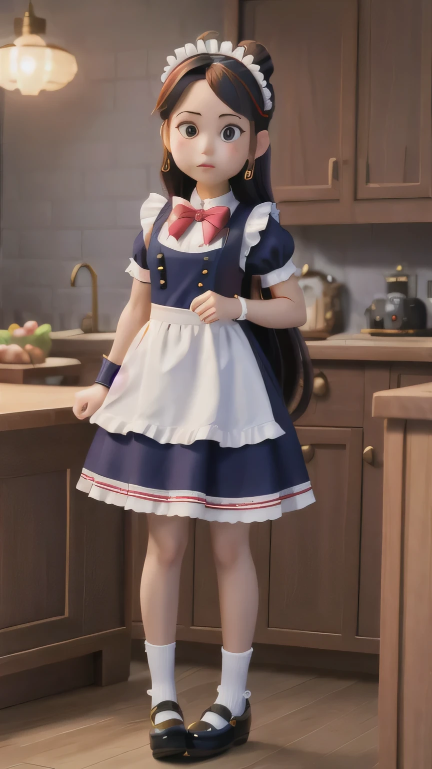 ((（one maid）))Lace headband，long hair bun，Maid overalls，Rainbow Silk Bow Tie，Short sleeves with tight cuffs，apron，Short skirt，Thigh exposed 20cm，Black high-tops over the knee，leather shoes，Facial expression puzzled