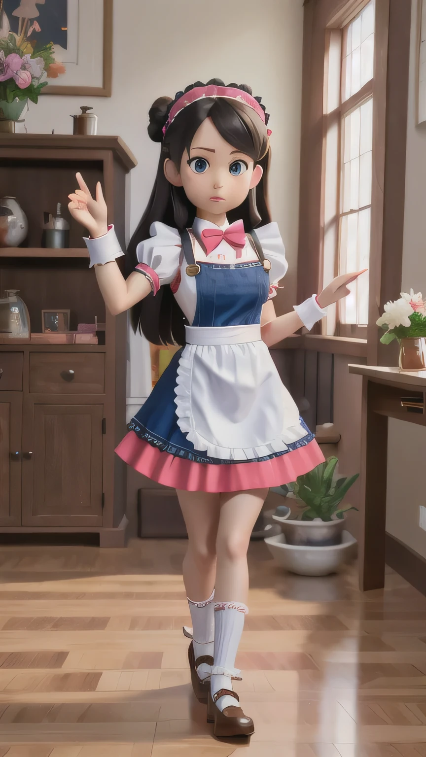 ((（one maid）))Lace headband，long hair bun，Maid overalls，Rainbow Silk Bow Tie，Short sleeves with tight cuffs，apron，Short skirt，Thigh exposed 20cm，Black high-tops over the knee，leather shoes，Facial expression puzzled