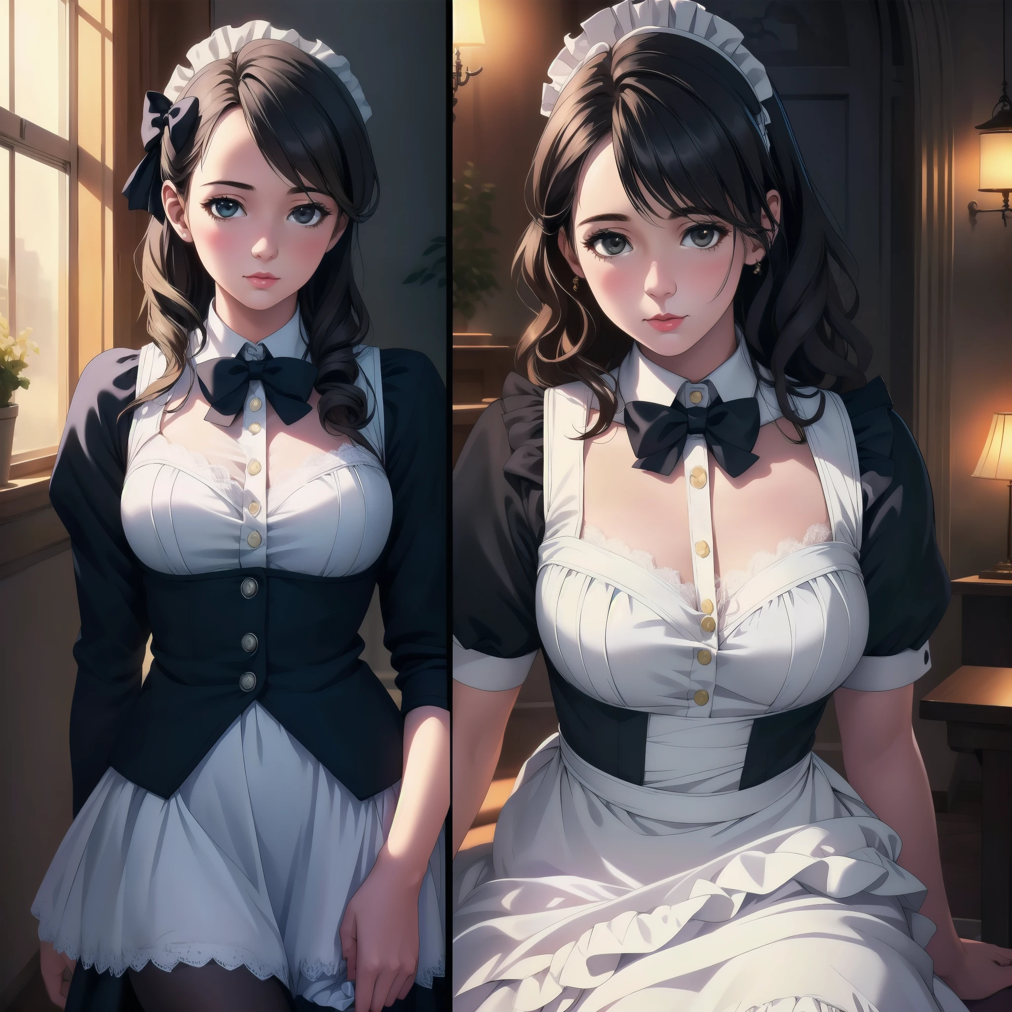 A maid in a white long dress with lace details, black bow, and black stockings, indoor, vintage style, soft lighting, delicate details,illustration,ultra-detailed,(realistic,photo-realistic:1.37),vivid colors,HDR,studio lighting